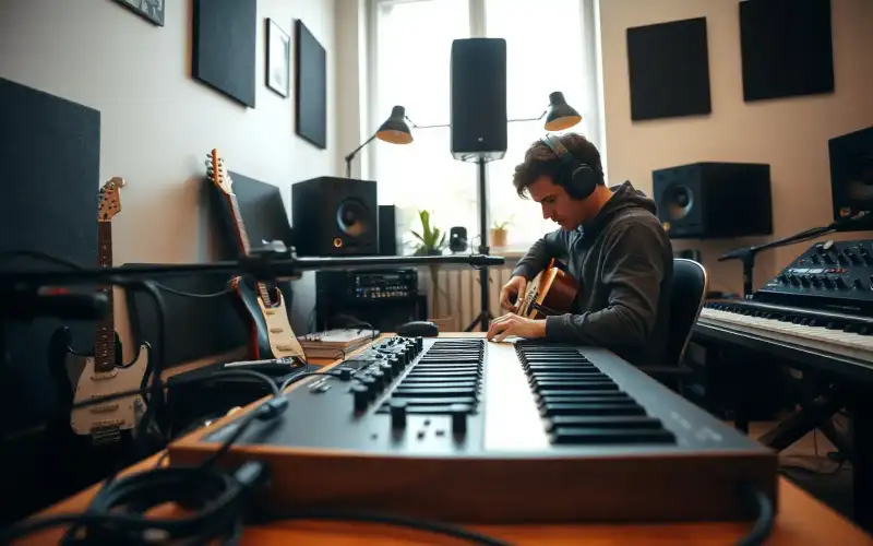 Einsteiger-Musiker am Heimstudio-Schreibtisch mit Synthesizer, Audio-Interface und Kopfhörern in natürlichem Licht