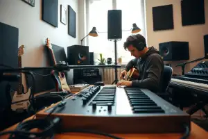 Einsteiger-Musiker am Heimstudio-Schreibtisch mit Synthesizer, Audio-Interface und Kopfhörern in natürlichem Licht