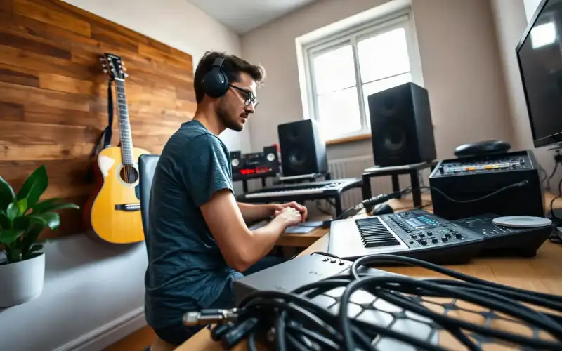 Musiker am Heimstudio-Schreibtisch mit Audio-Interface und Kopfhörern in natürlichem Licht