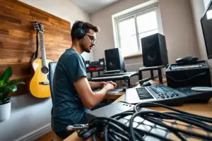 Musiker am Heimstudio-Schreibtisch mit Audio-Interface und Kopfhörern in natürlichem Licht