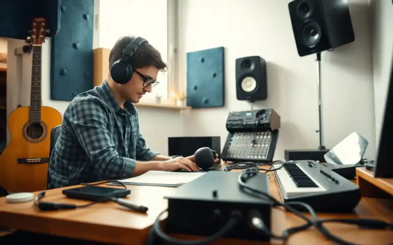 Musiker am Schreibtisch vergleicht Amazon FBA und FBM Versandoptionen für Instrumentenhändler