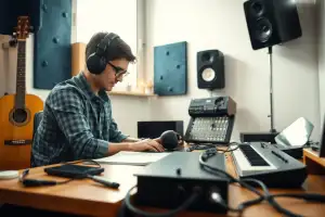 Musiker am Schreibtisch vergleicht Amazon FBA und FBM Versandoptionen für Instrumentenhändler