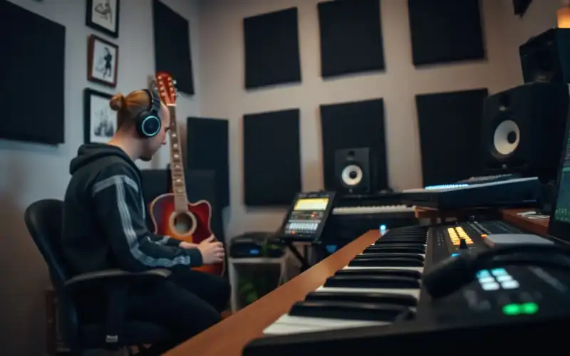 Musiker am Heimstudio-Schreibtisch mit Audio-Interface, Kopfhörern und Gitarre bei der Online-Arbeit