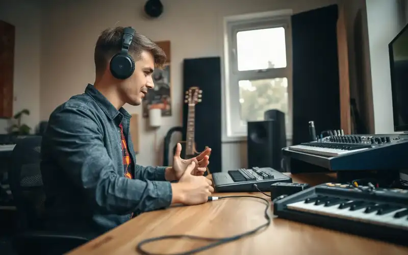 Musiker am Schreibtisch mit Audio-Interface beim Aufnehmen – professionelles Amazon-Produktbild für Instrumente