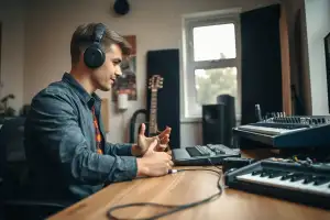 Musiker am Schreibtisch mit Audio-Interface beim Aufnehmen – professionelles Amazon-Produktbild für Instrumente