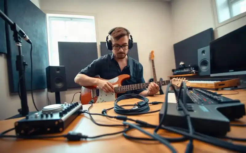 Musiker am Heimstudio-Schreibtisch mit Audio-Interface zeigt Social Proof auf Produktseiten im Online-Shop