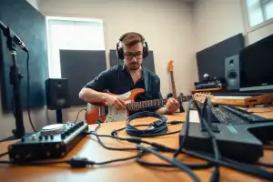 Musiker am Heimstudio-Schreibtisch mit Audio-Interface zeigt Social Proof auf Produktseiten im Online-Shop