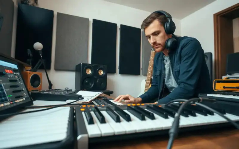 Musiker am Heimstudio-Schreibtisch mit Audio-Interface und Kopfhörer, Kauf auf Rechnung im Online-Shop