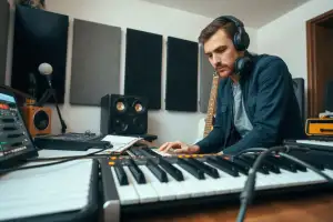 Musiker am Heimstudio-Schreibtisch mit Audio-Interface und Kopfhörer, Kauf auf Rechnung im Online-Shop
