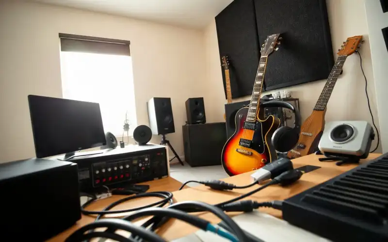 Musiker am Heimstudio-Schreibtisch mit Audio-Interface und Kopfhörer beim Dropshipping von Musikequipment