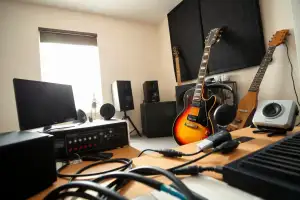 Musiker am Heimstudio-Schreibtisch mit Audio-Interface und Kopfhörer beim Dropshipping von Musikequipment