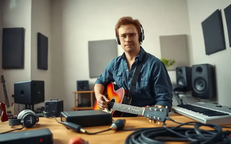 Musiker am Heimstudio-Schreibtisch mit Audio-Interface und Kopfhörern, ideal für Einsteiger auf Reverb.com