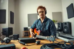 Musiker am Heimstudio-Schreibtisch mit Audio-Interface und Kopfhörern, ideal für Einsteiger auf Reverb.com