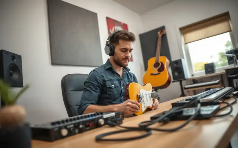 Musiker am Heimstudio-Schreibtisch mit Audio-Interface und Kopfhörern für die Musikproduktion zu Hause