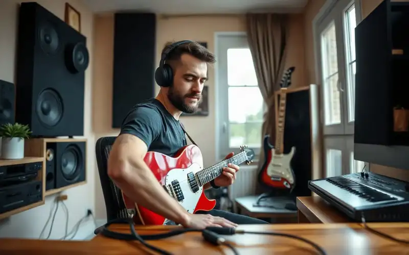 Musiker am Schreibtisch vergleicht Shopify und Shopware 2026 mit Audio-Interface und Kopfhörern