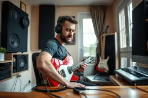 Musiker am Schreibtisch vergleicht Shopify und Shopware 2026 mit Audio-Interface und Kopfhörern
