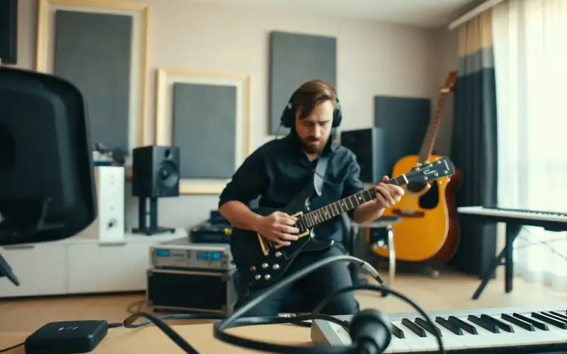 Musiker am Heimstudio-Schreibtisch mit Audio-Interface und Kopfhörern, Gitarre angelehnt, herbstliches Licht
