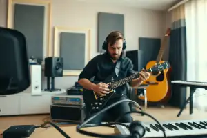 Musiker am Heimstudio-Schreibtisch mit Audio-Interface und Kopfhörern, Gitarre angelehnt, herbstliches Licht