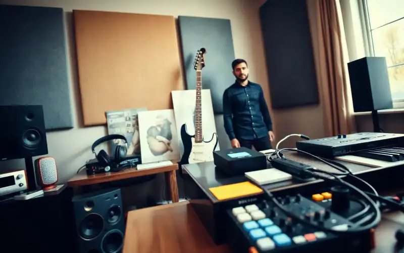 Musiker an Heimstudio-Schreibtisch verpackt Audiointerface sicher für den Versand