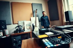 Musiker an Heimstudio-Schreibtisch verpackt Audiointerface sicher für den Versand