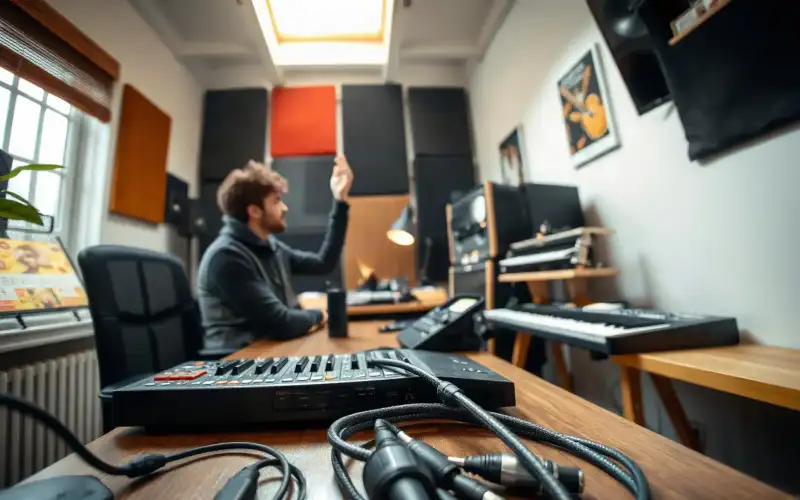 Musiker am Schreibtisch schreibt Produktbeschreibungen für Musikgeräte im Home-Office-Studio