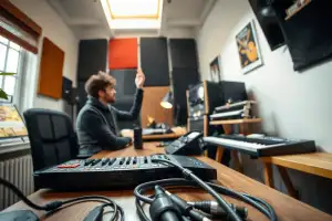 Musiker am Schreibtisch schreibt Produktbeschreibungen für Musikgeräte im Home-Office-Studio